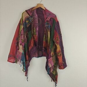 Anu By Natural Art To Wear Colorful Wool Langenlook Ruana Jacket Open Front S/M